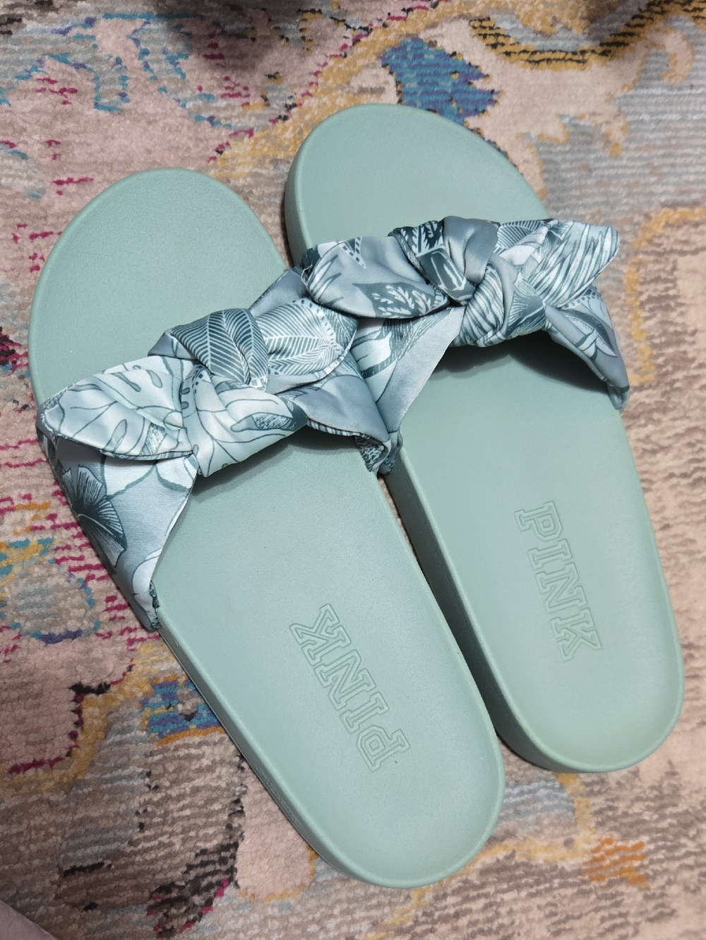 PINK Victoria's Secret Knotted Slide Sandals with Leaf-Print Strap
